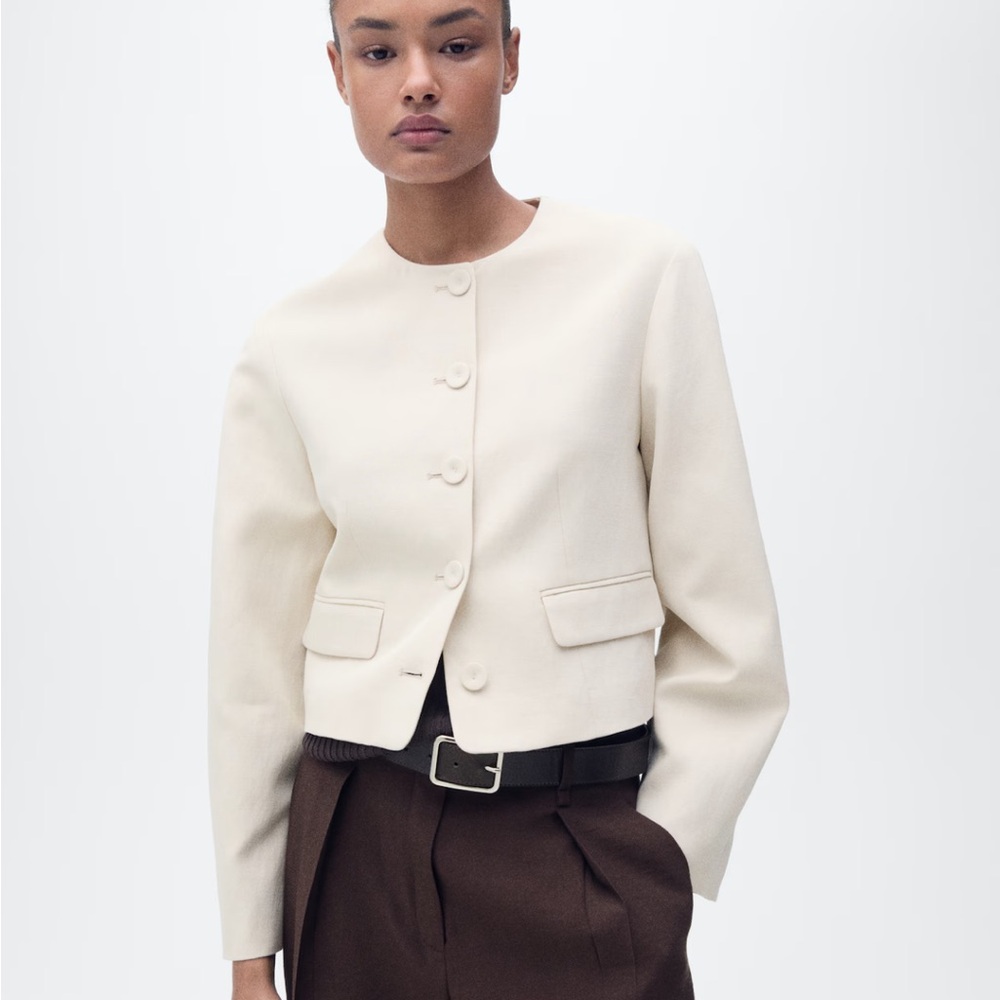 Mango Cream Cropped Collarless Blazer